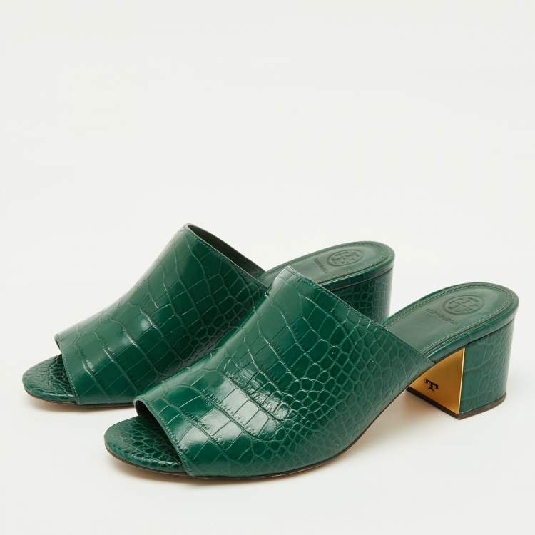 Pre Owned Tory Burch Green Croc Embossed Leather Martine Block Heel Slide Sandals Size 39