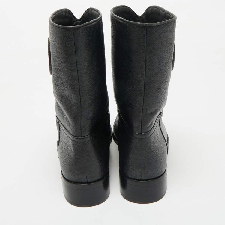 Pre Owned Tory Burch Black Leather Moto Mid Calf Boots Size 38           