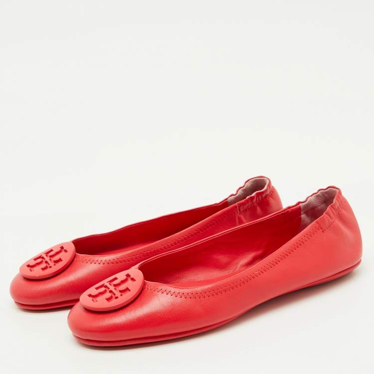 Pre Owned Tory Burch Rose Red Leather Reva Logo Ballet Flats Size 37