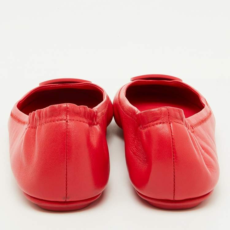 Pre Owned Tory Burch Rose Red Leather Reva Logo Ballet Flats Size 37
