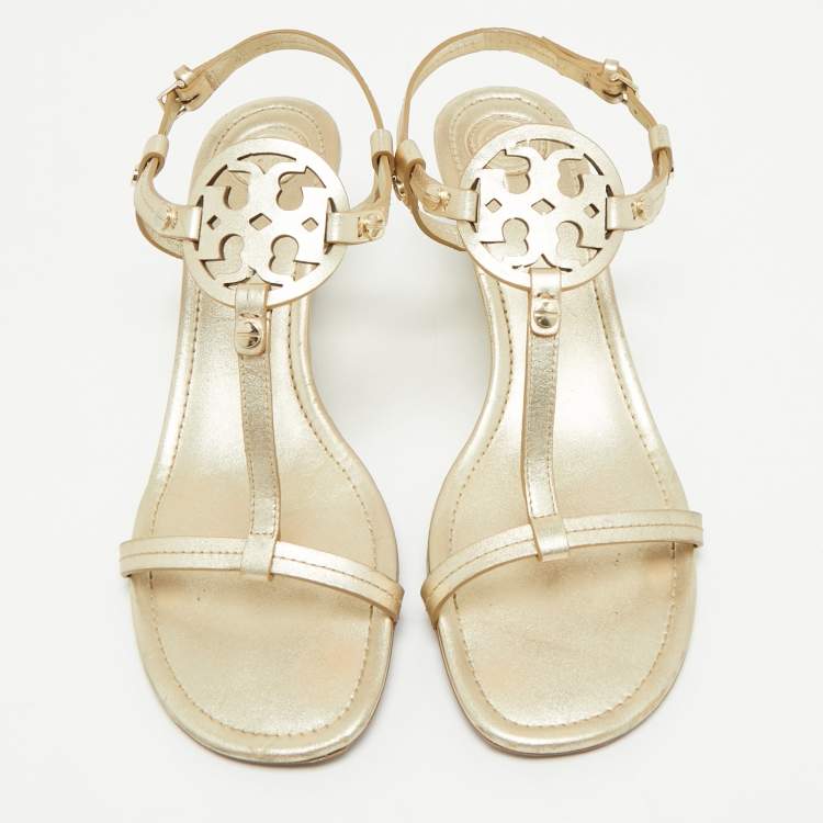 Pre Owned Tory Burch Gold Leather Wedge Sandals Size 39.5