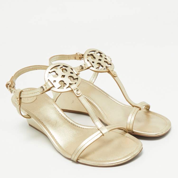 Pre Owned Tory Burch Gold Leather Wedge Sandals Size 39.5