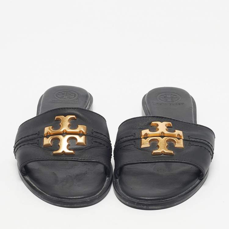Pre Owned Tory Burch Black Leather Everly Flat Slides Size 36