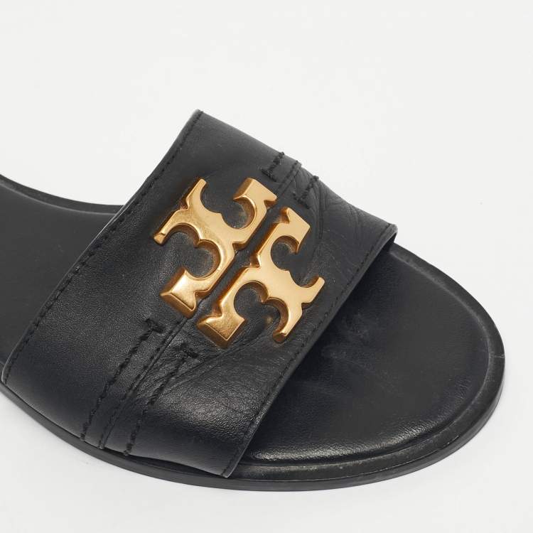Pre Owned Tory Burch Black Leather Everly Flat Slides Size 36