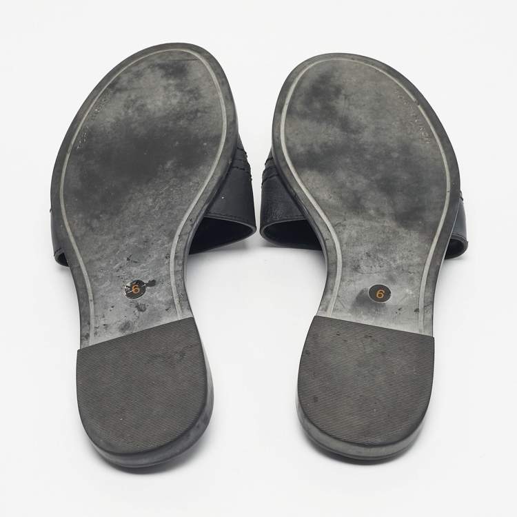 Pre Owned Tory Burch Black Leather Everly Flat Slides Size 36