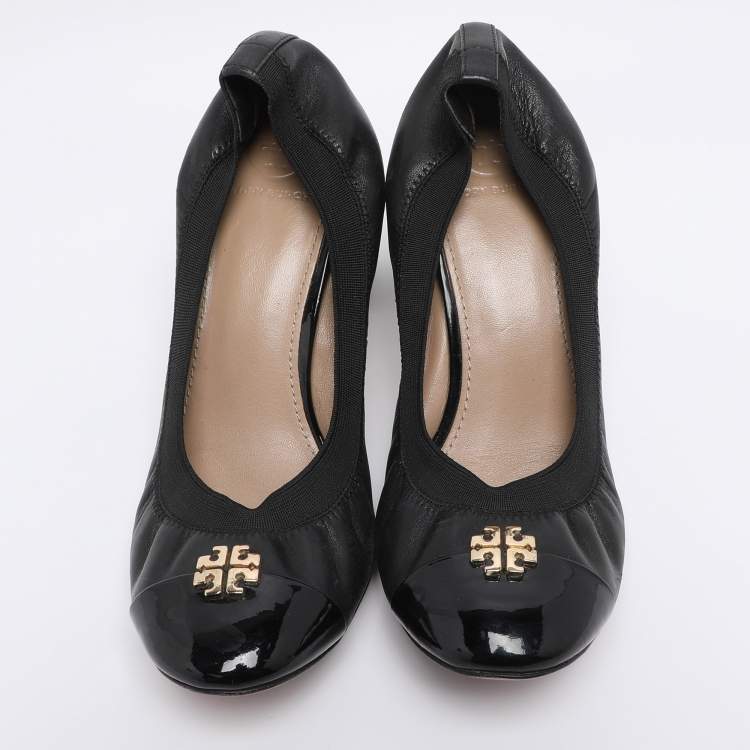 Pre Owned Tory Burch Black Leather Cap Toe Jolie Block Heel Pumps Size 38
