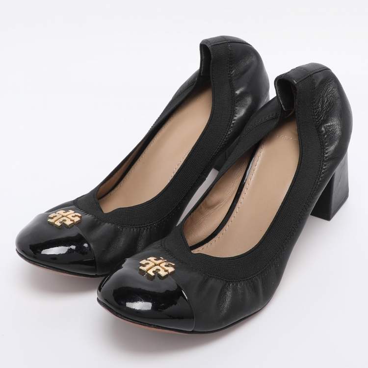 Pre Owned Tory Burch Black Leather Cap Toe Jolie Block Heel Pumps Size 38