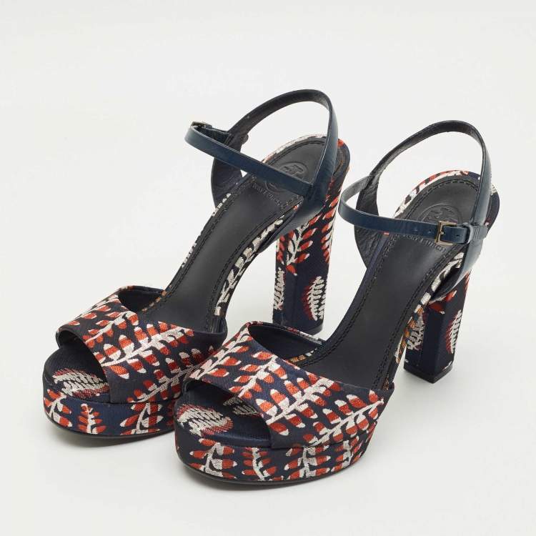Pre Owned Tory Burch Navy Blue/Red Brocade Fabric Ankle Strap Sandals Size 38