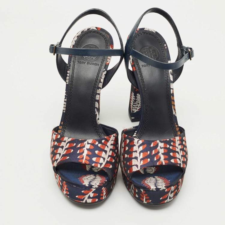 Pre Owned Tory Burch Navy Blue/Red Brocade Fabric Ankle Strap Sandals Size 38