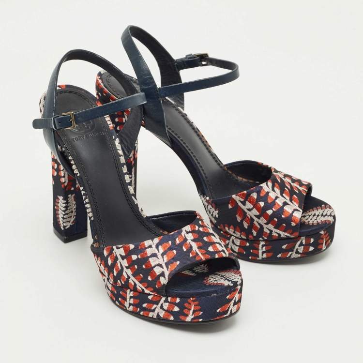 Pre Owned Tory Burch Navy Blue/Red Brocade Fabric Ankle Strap Sandals Size 38