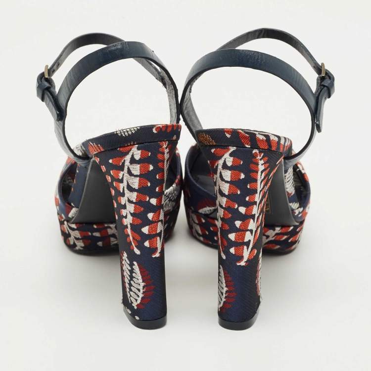 Pre Owned Tory Burch Navy Blue/Red Brocade Fabric Ankle Strap Sandals Size 38