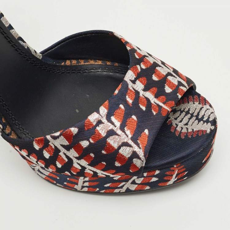 Pre Owned Tory Burch Navy Blue/Red Brocade Fabric Ankle Strap Sandals Size 38