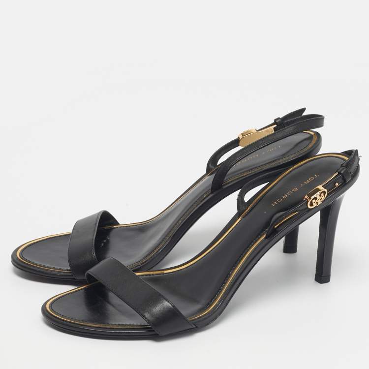 Pre Owned Tory Burch Black Leather Double T Slingback Sandals Size 38.5