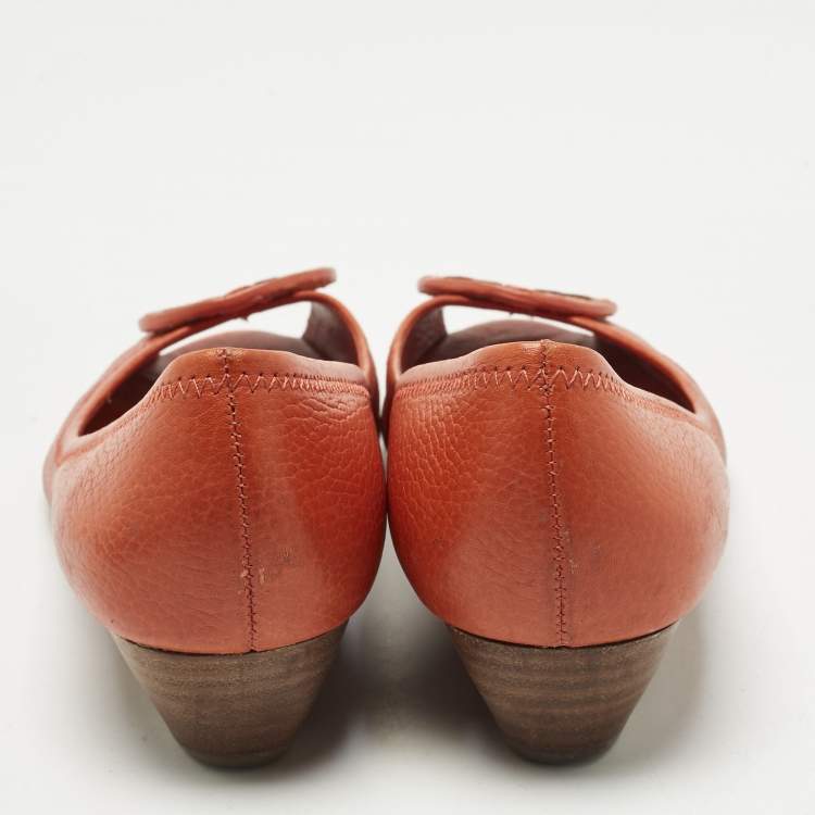 Pre Owned Tory Burch Orange Leather Janey Wedge Pumps Size 38.5