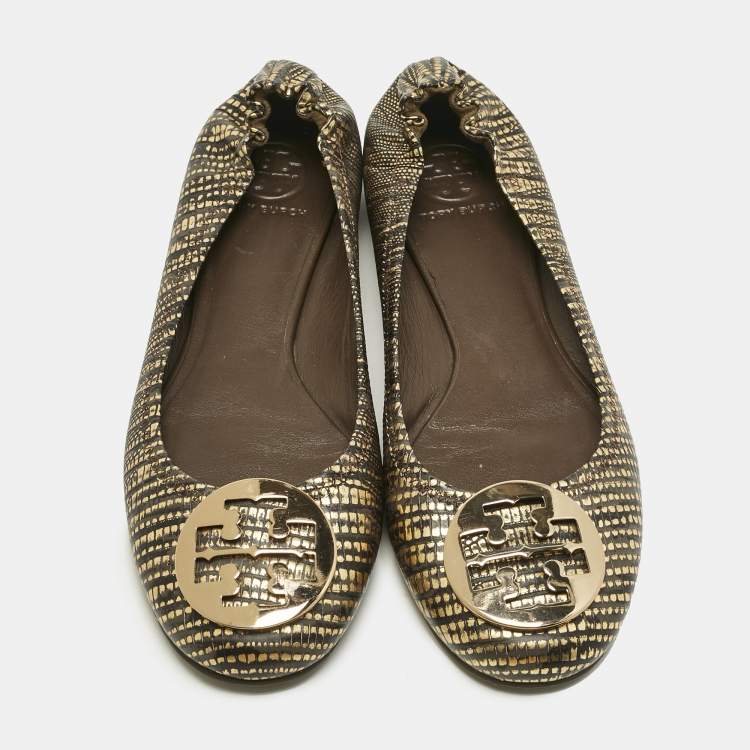 Pre Owned Tory Burch Gold/Dark Brown Lizard Embossed Leather Minnie Ballet Flats Size 39