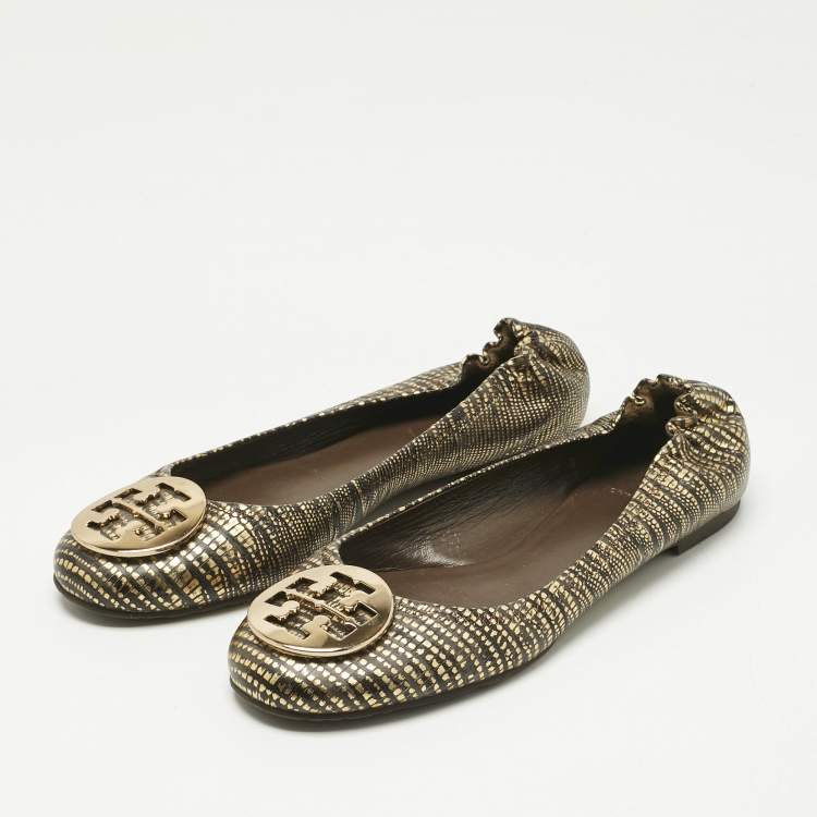 Pre Owned Tory Burch Gold/Dark Brown Lizard Embossed Leather Minnie Ballet Flats Size 39