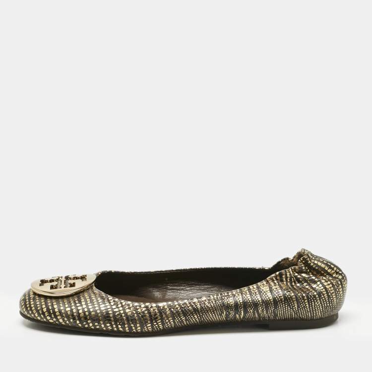 Pre Owned Tory Burch Gold/Dark Brown Lizard Embossed Leather Minnie Ballet Flats Size 39