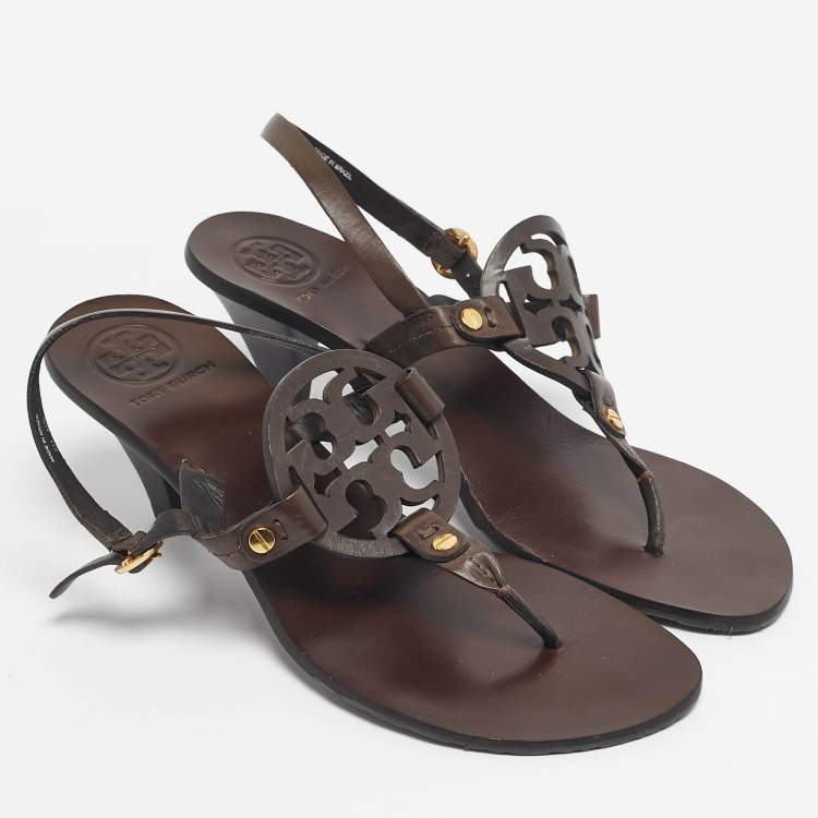 Pre Owned Tory Burch Brown Leather Thong Slingback Sandals Size 38