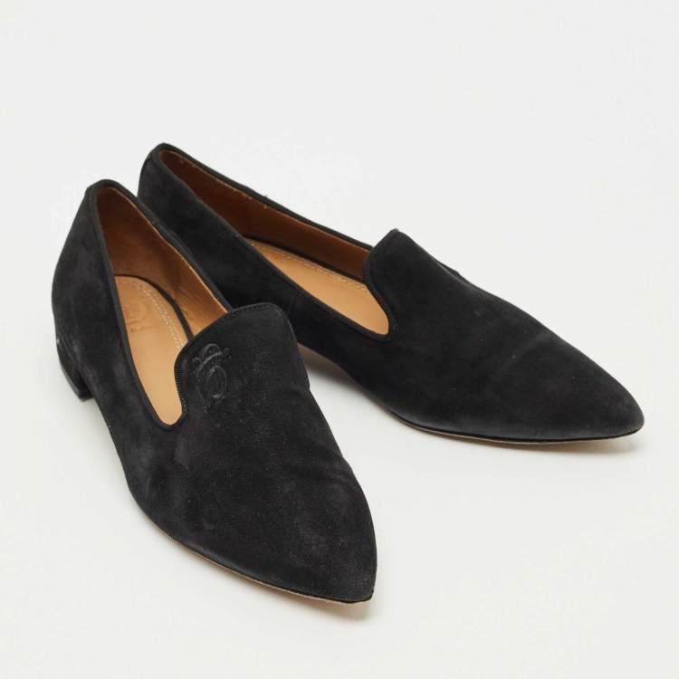 Pre Owned Tory Burch Black Suede Smoking Loafer Size 36