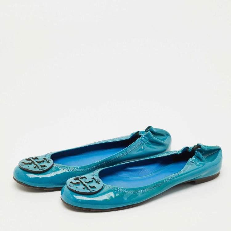 Pre Owned Tory Burch Blue Patent Leather Minnie Travel Ballet Flats Size 38.5