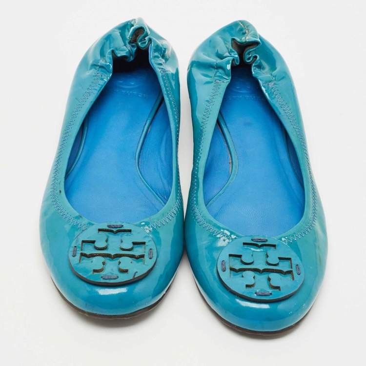 Pre Owned Tory Burch Blue Patent Leather Minnie Travel Ballet Flats Size 38.5