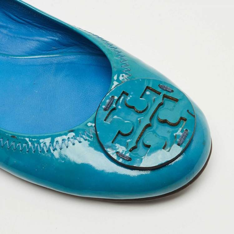 Pre Owned Tory Burch Blue Patent Leather Minnie Travel Ballet Flats Size 38.5