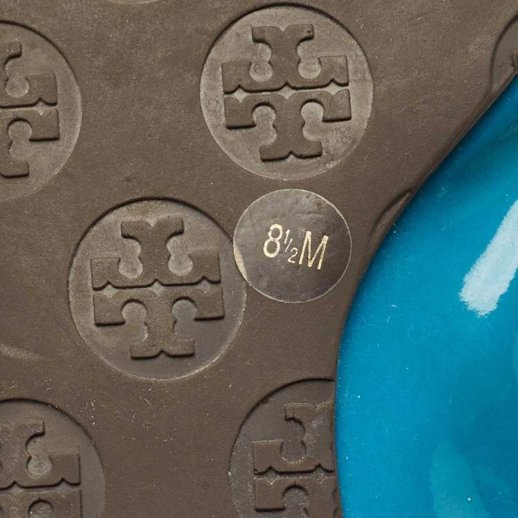 Pre Owned Tory Burch Blue Patent Leather Minnie Travel Ballet Flats Size 38.5