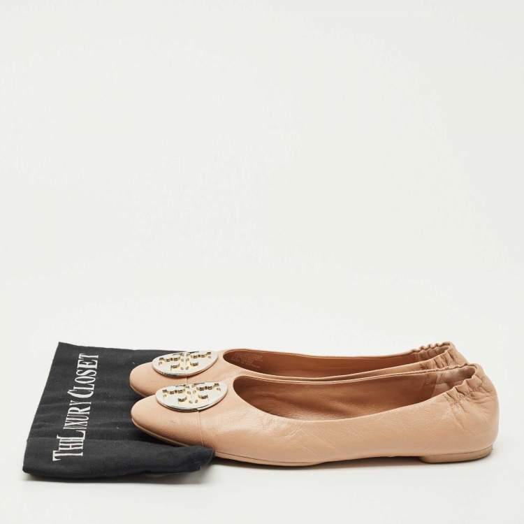 Pre Owned Tory Burch Beige Leather Scrunch Ballet Flats Size 41
