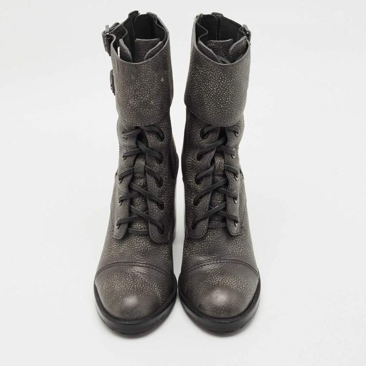 Pre Owned Tory Burch Grey Elastic and Leather Broome Combat Boots Size 37