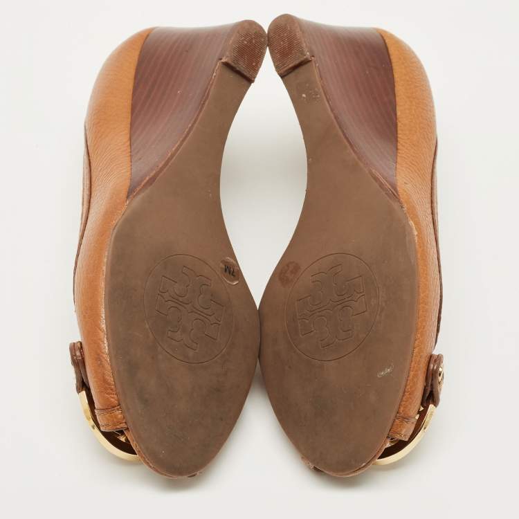 Pre Owned Tory Burch Brown Leather Amanda Peep Toe Wedge Pumps Size 37