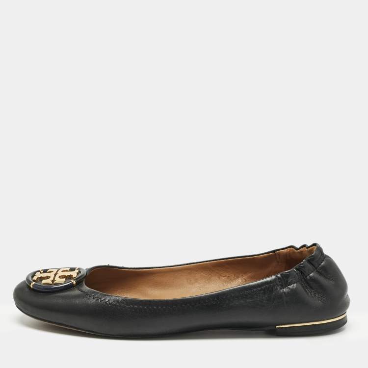 Pre Owned Tory Burch Black Leather Minnie Travel Scrunch Ballet Flats Size 38