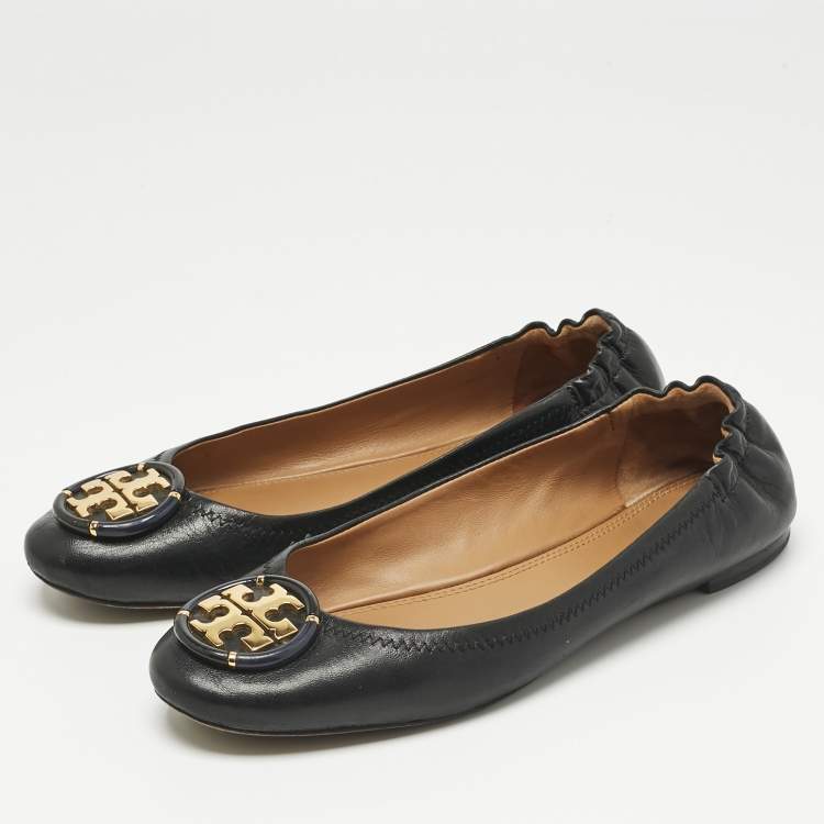 Pre Owned Tory Burch Black Leather Minnie Travel Scrunch Ballet Flats Size 38
