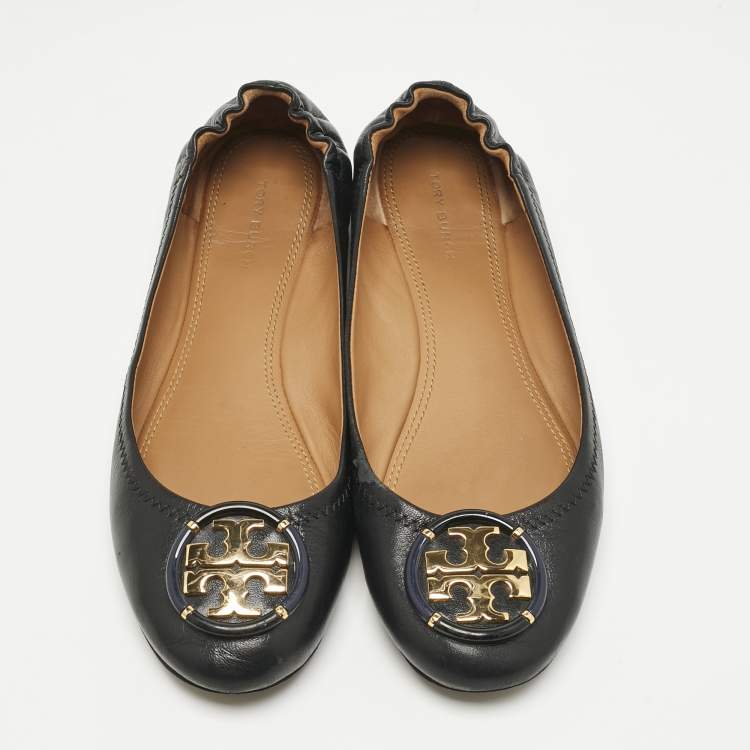 Pre Owned Tory Burch Black Leather Minnie Travel Scrunch Ballet Flats Size 38