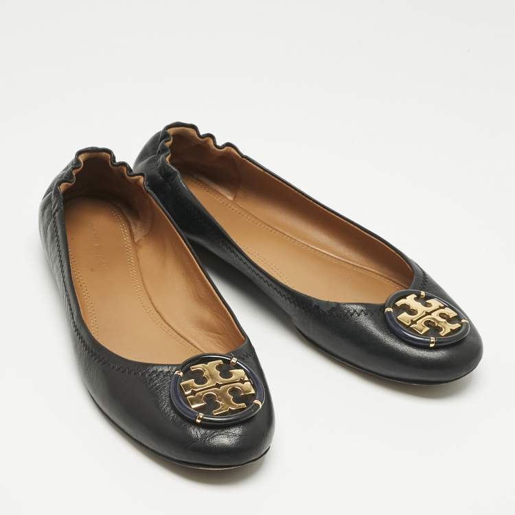 Pre Owned Tory Burch Black Leather Minnie Travel Scrunch Ballet Flats Size 38
