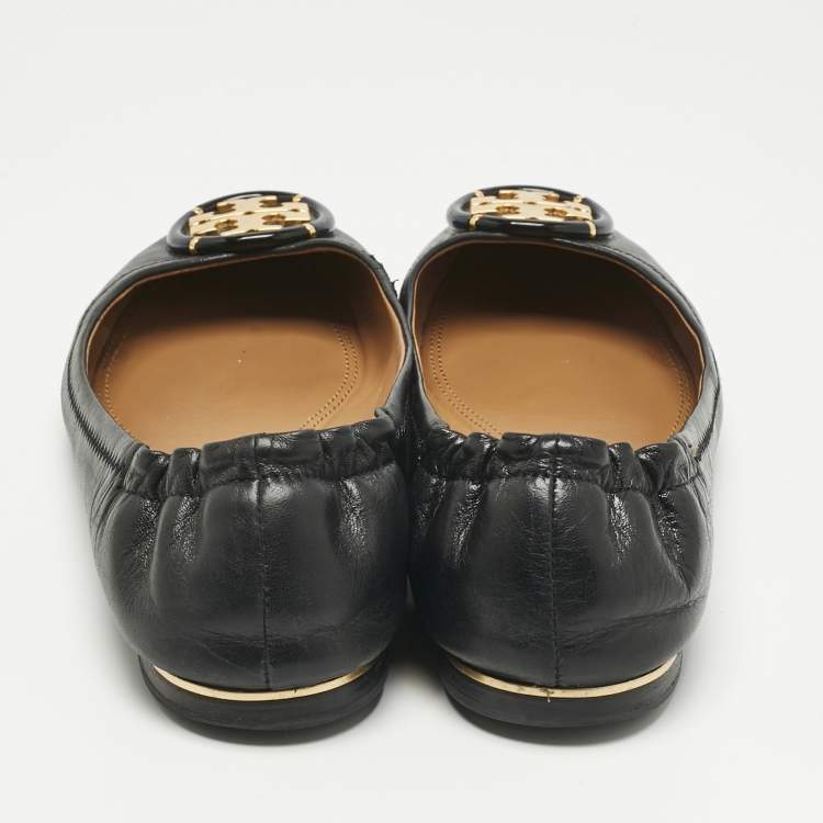 Pre Owned Tory Burch Black Leather Minnie Travel Scrunch Ballet Flats Size 38