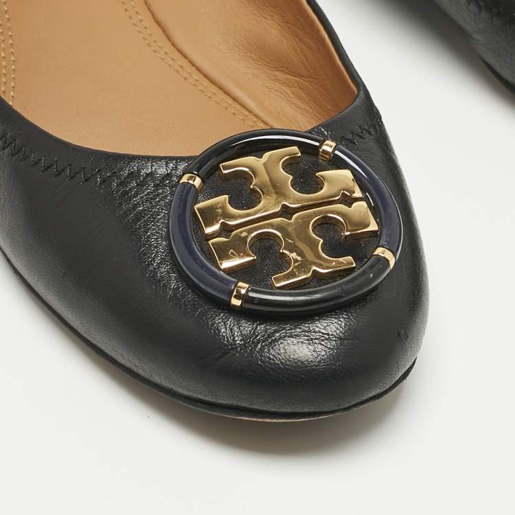 Pre Owned Tory Burch Black Leather Minnie Travel Scrunch Ballet Flats Size 38
