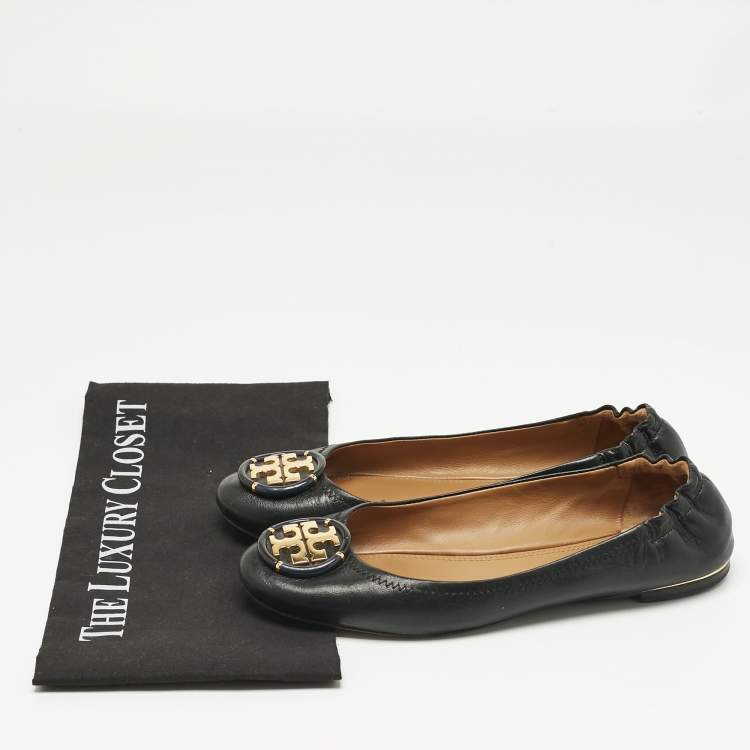Pre Owned Tory Burch Black Leather Minnie Travel Scrunch Ballet Flats Size 38