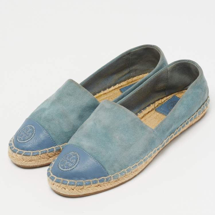 Pre Owned Tory Burch Blue Suede and Leather Logo Cap Toe Espadrille Flats Size 35.5