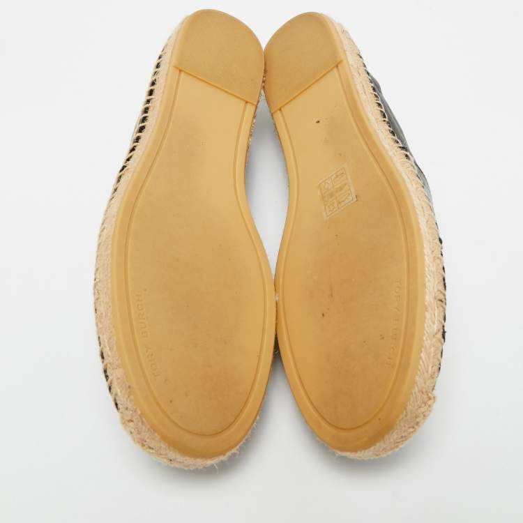 Pre Owned Tory Burch Black Leather Ines Logo Espadrille Flats Size 38.5