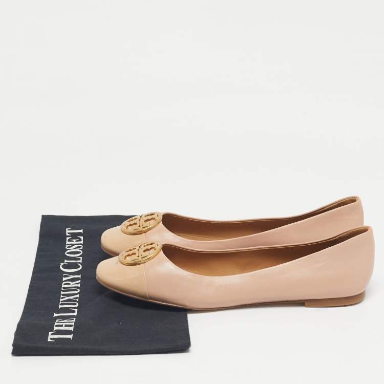 Pre Owned Tory Burch Beige Leather and Patent Scrunch Ballet Flats Size 38