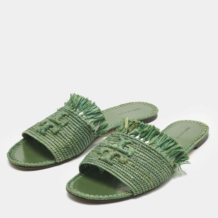 Pre Owned Tory Burch Green Raffia Eleanor Flat Slides Size 39