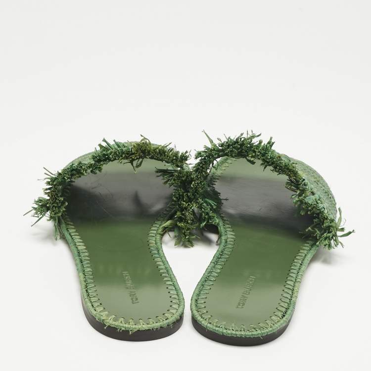 Pre Owned Tory Burch Green Raffia Eleanor Flat Slides Size 39
