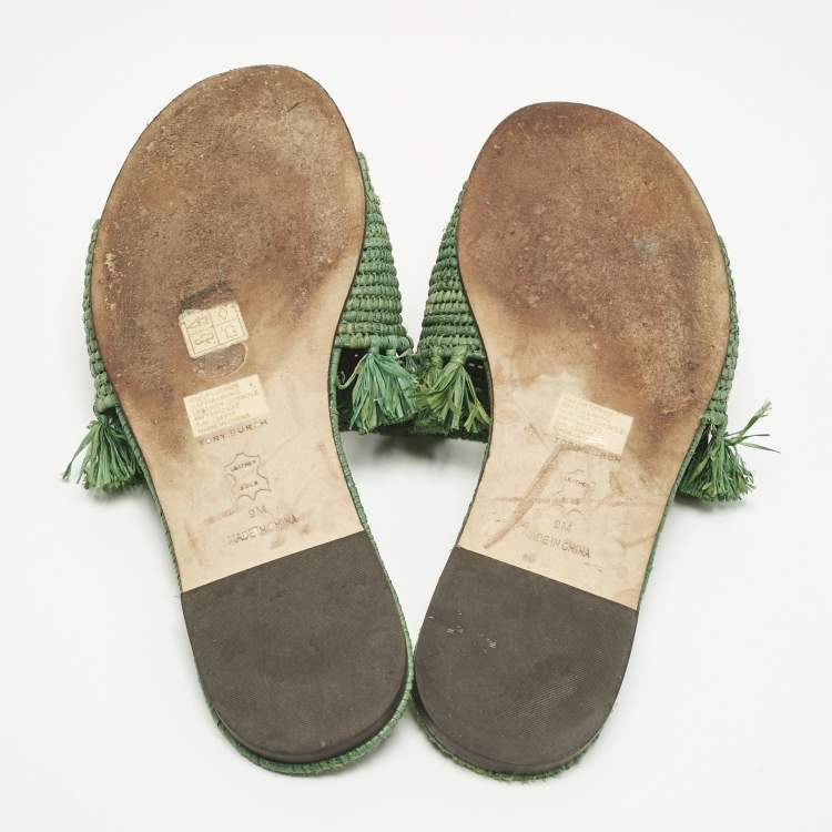 Pre Owned Tory Burch Green Raffia Eleanor Flat Slides Size 39