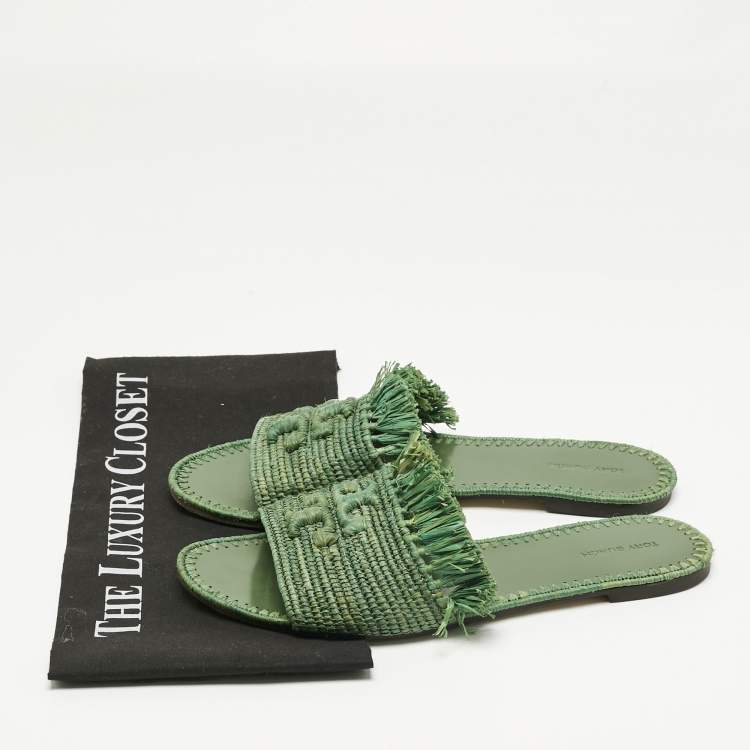 Pre Owned Tory Burch Green Raffia Eleanor Flat Slides Size 39