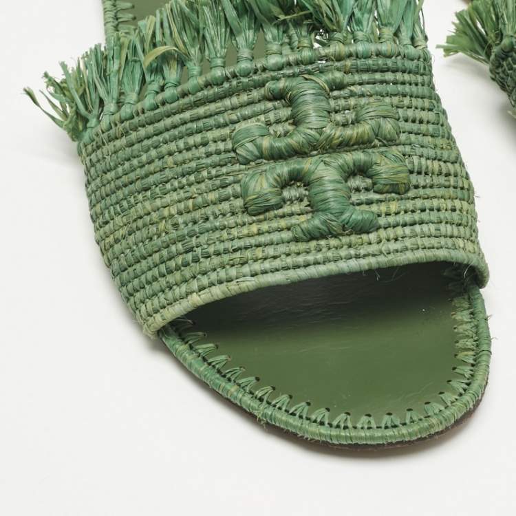 Pre Owned Tory Burch Green Raffia Eleanor Flat Slides Size 39
