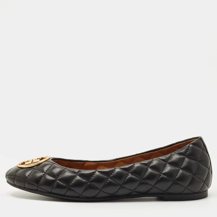 Pre Owned Tory Burch Black Quilted Leather Benton 2 Ballet Flats Size 37.5