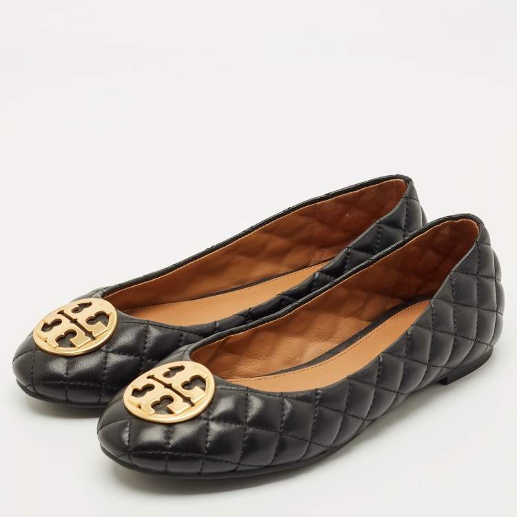 Pre Owned Tory Burch Black Quilted Leather Benton 2 Ballet Flats Size 37.5