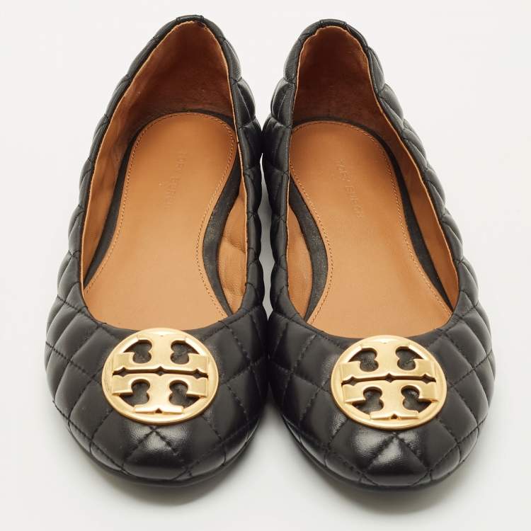 Pre Owned Tory Burch Black Quilted Leather Benton 2 Ballet Flats Size 37.5