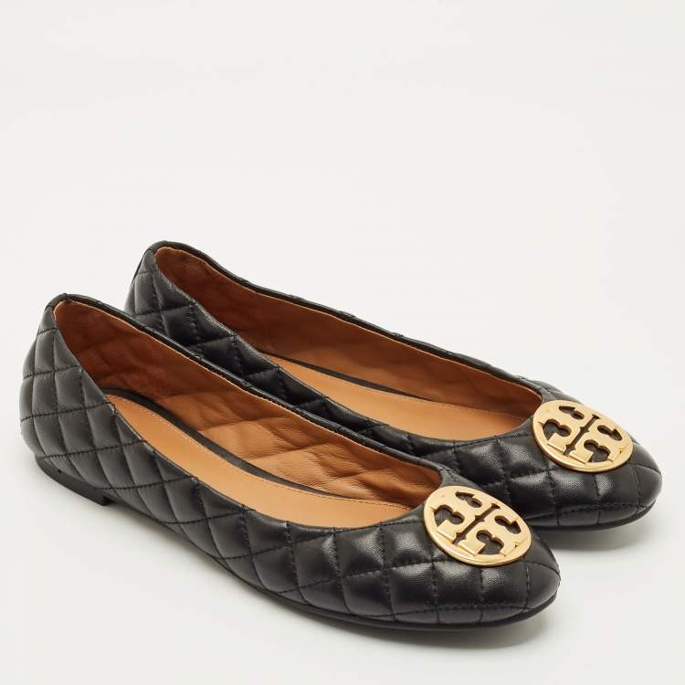 Pre Owned Tory Burch Black Quilted Leather Benton 2 Ballet Flats Size 37.5