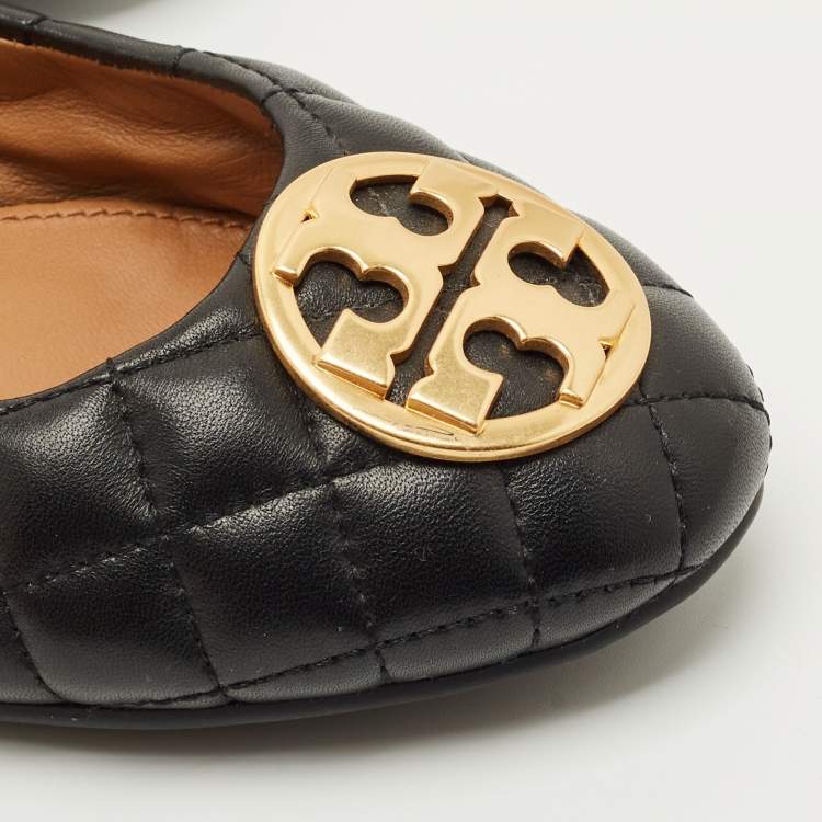 Pre Owned Tory Burch Black Quilted Leather Benton 2 Ballet Flats Size 37.5